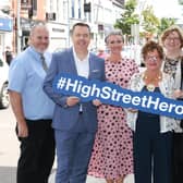 Nominations for this year’s High Street Hero Awards, powered by Retail NI, are now open until Saturday, July 31, and locals from across the Mid and East Antrim Borough Council area are being encouraged to vote for their favourite online to help them win a coveted award.  Pictured are Retail NI chief executive Glyn Roberts with Cllr Paul Reid; Julie Ozturk, Camelot; Mayor Gerardine Mulvenna; Cllr Maureen Morrow; Edel Scanlon, and Andrew Bartlett from Roam.  Photo: Darren Kidd- PressEye