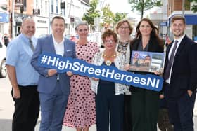 Nominations for this year’s High Street Hero Awards, powered by Retail NI, are now open until Saturday, July 31, and locals from across the Mid and East Antrim Borough Council area are being encouraged to vote for their favourite online to help them win a coveted award.  Pictured are Retail NI chief executive Glyn Roberts with Cllr Paul Reid; Julie Ozturk, Camelot; Mayor Gerardine Mulvenna; Cllr Maureen Morrow; Edel Scanlon, and Andrew Bartlett from Roam.  Photo: Darren Kidd- PressEye