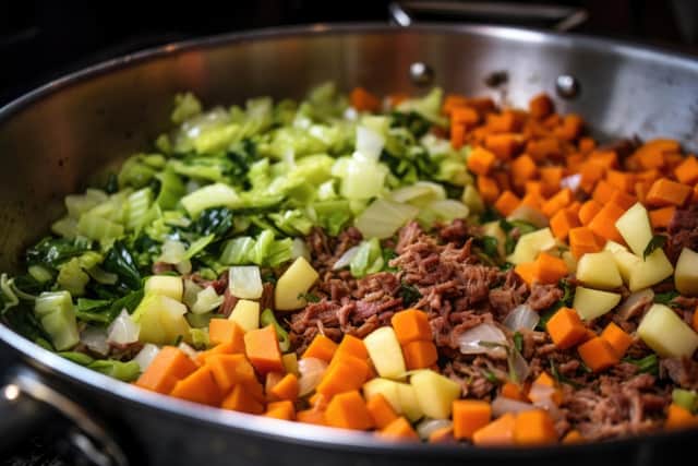 Mixing leftover meat and veggies for bubble and squeak. Photo: Adobe