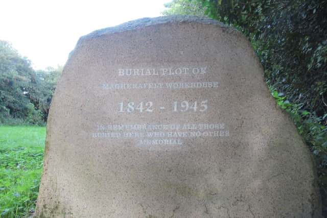 Memorial stone marking the graveyard at Magherafelt Workhouse.  Credit:  Raymond P. Brady