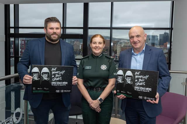Michael Avila, Hate Crime Advocacy Service; Superintendent Sue Steen, Police Service of Northern Ireland Hate Crime lead and John Blair MLA, Northern Ireland Policing Board Partnership Committee Chair. Picture: PSNI