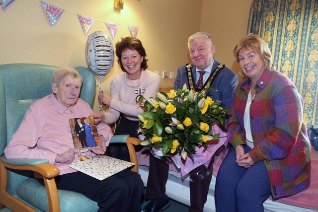 Gertrude Mullan celebrates her 100th Birthday with the Mayor of Causeway Coast and Glens, Councillor Steven Callaghan, Deputy Lord Lieutenant for County Londonderry Helen Mark, Deputy Lord Lieutenant and Alyson Scott for County Londonderry.