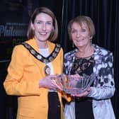 Mid Ulster District Council Chair, Councillor Córa Corry presents Irish Country Music singer, Philomena Begley with Council Honours at a reception in the Burnavon theatre, Cookstown.