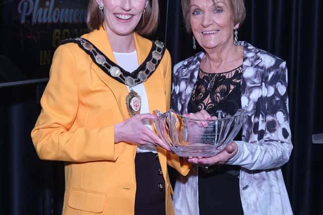 Mid Ulster District Council Chair, Councillor Córa Corry presents Irish Country Music singer, Philomena Begley with Council Honours at a reception in the Burnavon theatre, Cookstown.