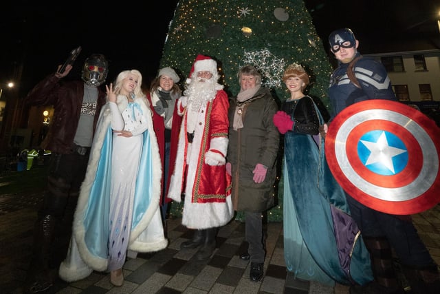 Some special guests attended the Dungannon Christmas Lights Switch On and are photographed with some of those who attended.