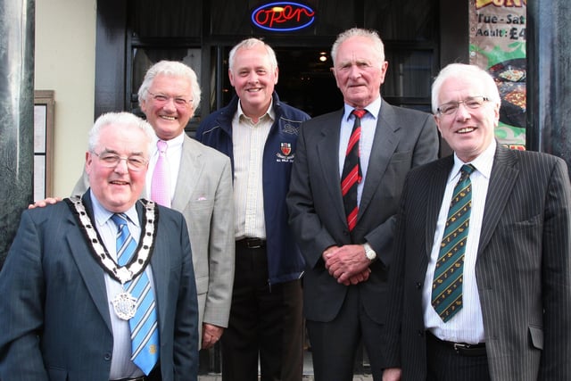 Former Manchester United and Northern Ireland legend Harry Gregg and BBC presenter Jackie Fullerton, who were guest speakers at the Sportsman Dinner, which was organised by the Co. Antrim Milk Cup committee, are seen here with Co. Antrim Noel McMullan, Deputy Mayor of Ballymena Ald PJ McAvoy (left) and Mayor of Lisburn Alan Ewart, back in 2009.