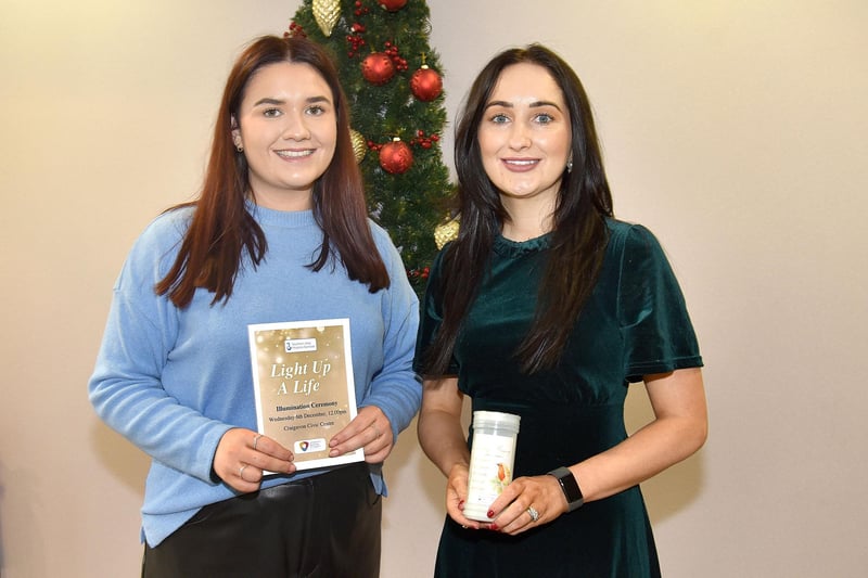 Southern Area Hospice fundraising officers Emma McGivern, left, and Bernie Murphy pictured at the annual Light up a Life ceremony at Craigavon Civic Centre. PT50-229.