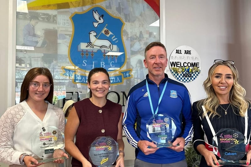 St John the Baptist’s Staff pictured with the four awards – left to right Miss Sinéad McCartan (Head of Vocational Subjects), Miss Jenna Boden (Curriculum Team and Head of Business & IT), Mr Justin Lynch (Head of Pastoral Care) and Mrs Noella Murray (Principal)