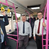 Mayor of Causeway Coast & Glens Colr. Steven Callaghan with Sam Todd (centre), service delivery manager, Translink and Peter O'Hare, assistant service delivery manager, onboard the Translink Zero Emission buses now in service at Coleraine Bus Station.