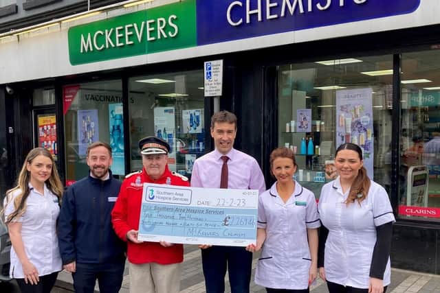 Pictured, from left, Sheila Meagher from McKeevers Chemists with James McCaffrey  (Southern Area Hospice), Newry legend John Dalzell, Paul McKeever (Managing Director, McKeevers Chemists) along with Ruth England and Aoife McAteer also from McKeevers Chemists.