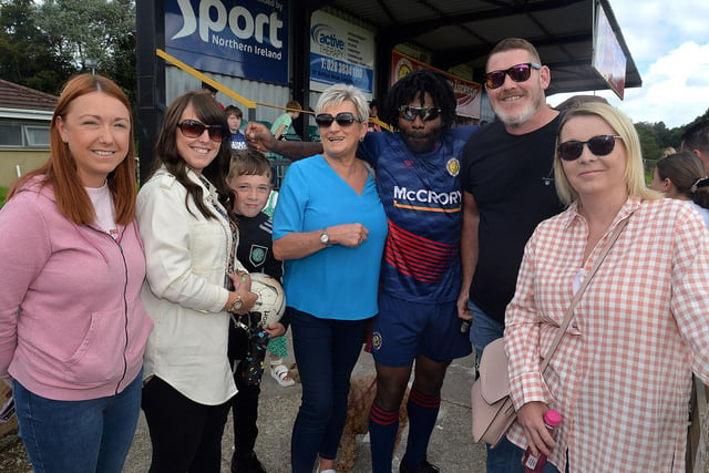 Social media personality Black Paddy was a popular figure at the charity fun day and football match in aid of the mental health charity, Just A Chat. Paddy travelled all the way from Dublin to pull on a jersey for the Just A Chat team. He is pictured here with some of his local fans. LM32-210.
