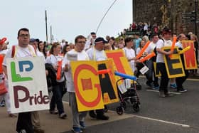 Members of Carrickfergus Senior Gateway Club taking part in the first ever Learning Disability Pride Parade in NI in 2017.  Photo: NI World