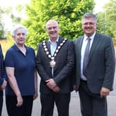 Chair of Mid Ulster Council, Cllr Dominic Molloy, is pictured with Head of Art & Design, Mr David McDowell; Chairperson of the Board of Governors, Mrs Ann Tate; and College Principal, Mr Andrew Sleeth at ICD’s Creative Showcase 2023. Credit: Ita Darragh