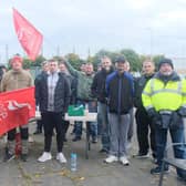 NIHE workers who are on strike pictured outside the NIHE office in Craigavon, Co Armagh. The workers are striking as they have rejected a 'galling' 1.75% pay offer.