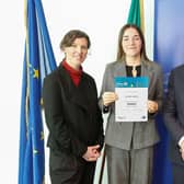 Caitlin McAlinden  receiving her Rotary Youth Leadership Development Competition award from Fionnuala Croker, Acting Head of Office,  the European Parliament Office in Dublin and Seamus Parle, District Governor of Rotary Ireland,  at an event at Europe House in Dublin recently. [Photo: Stephen McCracken Photography]