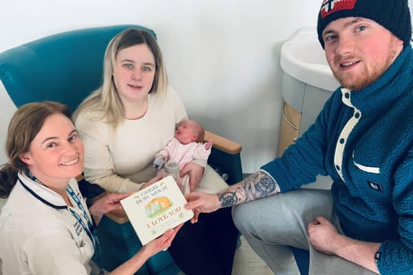 Baby girl Rhea Smith Forbes with mum Rebecca, dad Kyle and Clinical Specialist Occupational Therapist Lorraine Shaw, Pic credit: SEHSCT