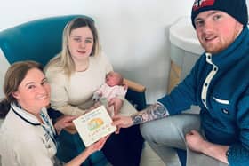 Baby girl Rhea Smith Forbes with mum Rebecca, dad Kyle and Clinical Specialist Occupational Therapist Lorraine Shaw, Pic credit: SEHSCT