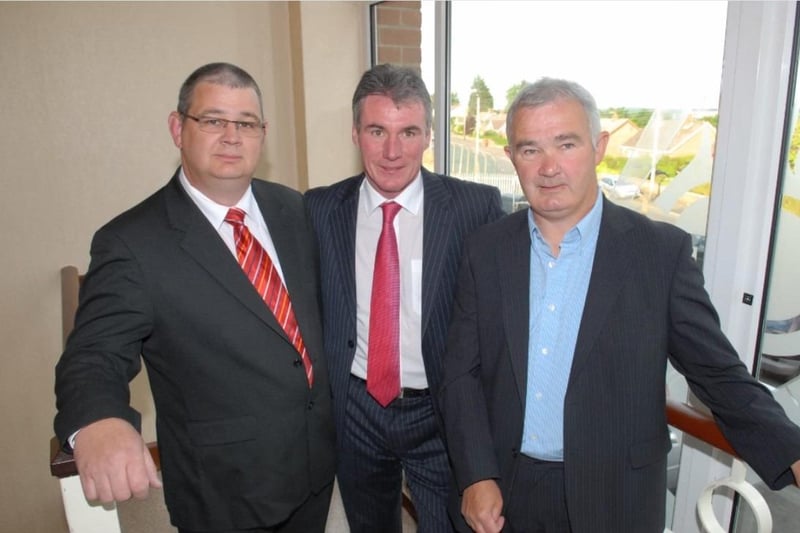 John and Raymond Hylands with Frank Stapleton at the Manchester United Supporters' Club dinner in the Masonic Centre in 2008.