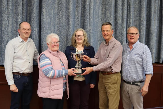 Pictured at the presentation of the James Crawford Memorial Cup to Randox Antrim Show are David Crawford, Doreen and Louise Crawford, Graham Seymour, and Andy Crawford. The new cup for the horticulture classes, will be awarded to the best exhibit in the flowers and pot plant section. Photo by: Linda Davis.