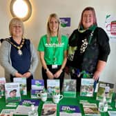 Deputy Mayor Margaret Ann McKillop Cllr Sandra Hunter and Catherine KING  pictured at the Macmillan Cancer Support Coffee morning. Credit Causeway Coast and Glens Council