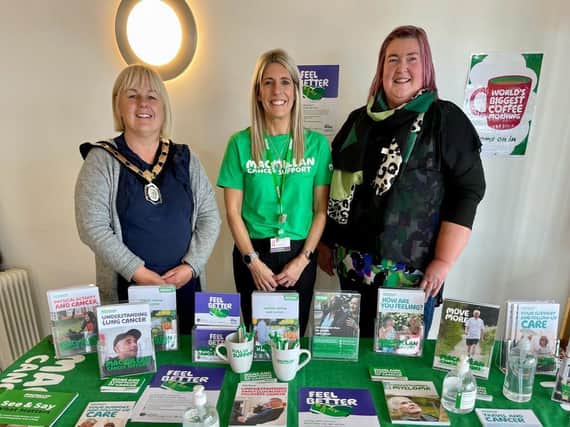 Deputy Mayor Margaret Ann McKillop Cllr Sandra Hunter and Catherine KING  pictured at the Macmillan Cancer Support Coffee morning. Credit Causeway Coast and Glens Council