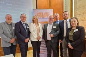 Pictured at the Melted Parents lobby group event in Stormont are, from left, Harry Harvey MLA, Keith Buchanan MLA, Diane Forsythe MLA, David Brooks MLA, Brian Kingston MLA, Gary Middleton MLA  and Deborah Erskine MLA. Credit: DUP