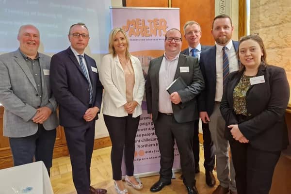 Pictured at the Melted Parents lobby group event in Stormont are, from left, Harry Harvey MLA, Keith Buchanan MLA, Diane Forsythe MLA, David Brooks MLA, Brian Kingston MLA, Gary Middleton MLA  and Deborah Erskine MLA. Credit: DUP