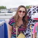 Northern Ireland Kidney Research Fund 's mascot Bella the Kidney Cow with Emily and Lisa Glenn from St Johnston, Donegal