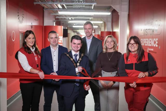 Pictured at the opening of the Visitor's Centre: Cheryl Watterson, Visitor Experience Coordinator, Coca-Cola HBC Ireland & Northern Ireland; Kieran Given, Plant Manager, Coca-Cola HBC Ireland & Northern Ireland; Mayor of Lisburn and Castlereagh City Council Cllr Kurtis Dickson; Tom Burke, Director of Corporate Affairs & Sustainability, Coca-Cola HBC Ireland & Northern Ireland; Alderman Amanda Grehan; Sandra Wrobel, Production Manager, Coca-Cola HBC Ireland & Northern Ireland. Pic credit: Darren Kidd