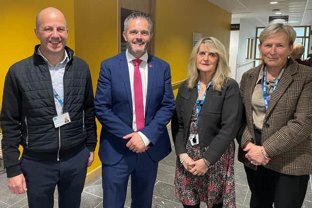 Tony O’Connor (Asst. Director Older People’s Community Health Services), Health Minister, Robbie Butler, MLA, Jacqueline McComb (Facilities Manager) & Veronica Cleland (Director of Primary Care and Older People). Pic credit: SEHSCT