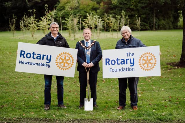 Newtownabbey Rotary Club joint President Peter Watson with the Mayor of Antrim and Newtownabbey, Ald Stephen Ross and Club Foundation Chair Leonard Sproule.