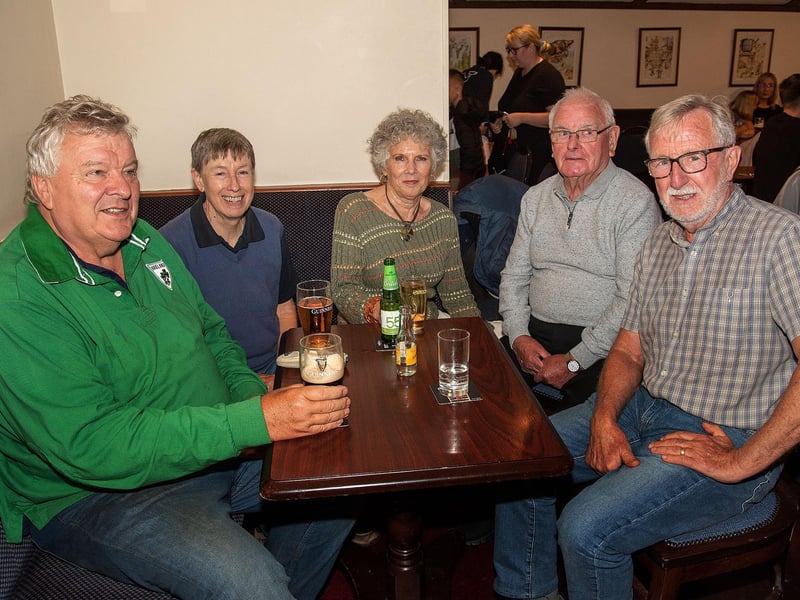 Pictured at the Daniel Wiffen watch party in Byrne's Bar in Magherlin are from left, Trevor and Sandra Waddell, Caitriona Hughes, Eamon Wright and Tom Hughes. LM32-200.