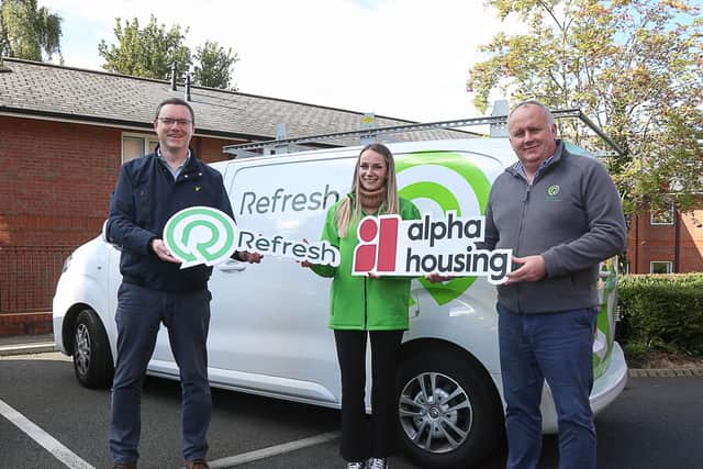 Pictured from left to right: Cameron Watt, Chief Executive of Alpha Housing, Zara Burns, Marketing Officer, Refresh NI and Bill Cherry, Managing Director, Refresh NI