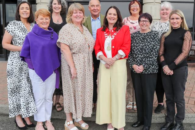 L to R- back row Aine McLaughlin IDP; Denise McCool, IDP; IFI Board Member Bill Pauley; Laura Couser, Breen Centre, Gillian Mitchell participant. Front row L to r- Bridgdin Lyttle, participant; Deputy Mayor of Derry City and Strabane, Alderman Niree McMorris; Cathaoirleach of Donegal County Council, Niamh Kenendy; Adree Wallace, Breen centre and participant Gemma Esdale.