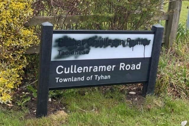 A vandalised Irish-English road sign on the Cullenramer Road, between Cabragh and Greystone in Mid Ulster. Credit: Tuairisc.ie