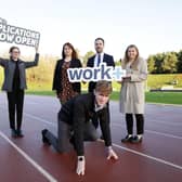Pictured are apprentices Nathan Reid (Farrans) and Aimee Harte (McAdam) with Clement Athanasiou, Director of Apprenticeships, Careers and Vocational Education at the Department for the Economy, Sarah Gates, Project Manager, Civica, and Lucy Marshall (right), Community Manager, Workplus