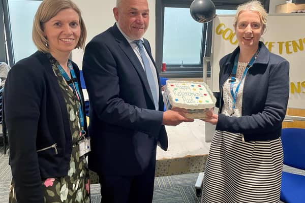 Kristine Telford (HR Manager), Paul Millar, who is retiring after five decades of dedicated service, and Elaine O’Neill (Assistant Director of People and Resourcing). Pic credit: SEHSCT