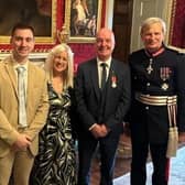 Maurice attended the ceremony on October 3 with his wife Janet, son Owen, and mother-in-law Joan Cummings.   Also pictured is Lord-Lieutenant of County Antrim David McCorkell.  Photo: Maurice Shearer