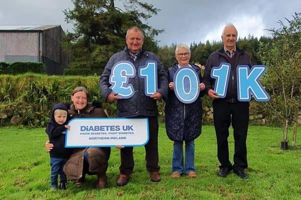 Pictured from left are Katy Hunter (Harry Irvine's daughter) with her son Tommy, Harry Irvine, Liz Downey and Warnick Manson.  Picture: Diabetes UK Northern Ireland