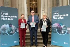 Lord Mayor Councillor Mary O'Dowd is pictured with the Chair of the Planning and Regulatory Services Committee Alderman Stephen Moutray and Interim Chief Executive Charlene Stoops at the launch of the Council's Local Development Plan 2035 Draft Plan Strategy