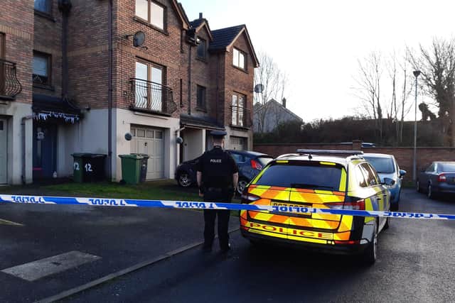 Police at the scene of the suspicious death of a woman in Silverwood Green, Lurgan this morning. One man has been arrested on suspicion of murder.