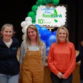 At the 10th anniversary of Craigavon Food Bank are Laura Wylie of Links Counselling Service, Lynda Battarbee, Director of Network Operations at the Trussell Trust, Emma Beggs of Craigavon Food Bank and Diane Guiney, Project Manager, Craigavon Area Food Bank