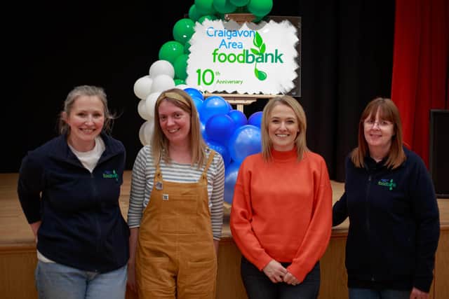 At the 10th anniversary of Craigavon Food Bank are Laura Wylie of Links Counselling Service, Lynda Battarbee, Director of Network Operations at the Trussell Trust, Emma Beggs of Craigavon Food Bank and Diane Guiney, Project Manager, Craigavon Area Food Bank