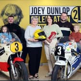 The Dunlop family at the Joey Dunlop 25 event launch held in Ballymoney Museum on March 24. Pictured (l-r) Gary Dunlop with son Remy, Linda Dunlop, Joanne and Michael McCammond with son Hudson. CREDIT CCGBC