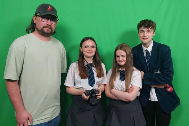 Northern Regional College Media lecturer Tiarnan Larkin pictured with Peyton Browne, Ryanna Pennie and Robbie Gault from Ballymoney High School who participated in the
Media workshop at Northern Regional College. Credit NRC
