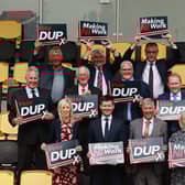 DUP Leader Gavin Robinson (centre) with the party's Westminster candidates at the launch of the DUP's manifesto at Danny Blanchflower Stadium in east Belfast. Photo: Liam McBurney/PA Wire