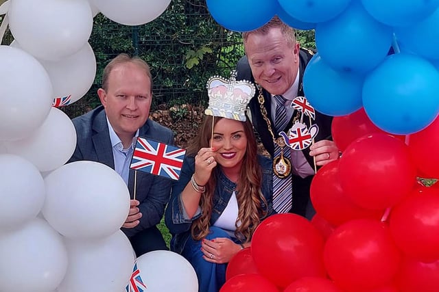 Mayor of ABC Council, Councillor Paul Greenfield, right, and Alderman Gareth Wilson pictured with Derryhale Primary School principal, Kelly Gardiner at the school's coronation party on Friday. PT18-209.