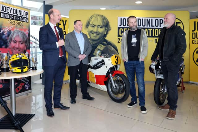 Several of Joey Dunlop's former racing rivals pictured in Ballymoney with compere, Stephen Watson, at the launch of the celebration 'Joey 25' Day which will be held in Ballymoney on Saturday, May 24. PICTURE STEPHEN DAVIDSON