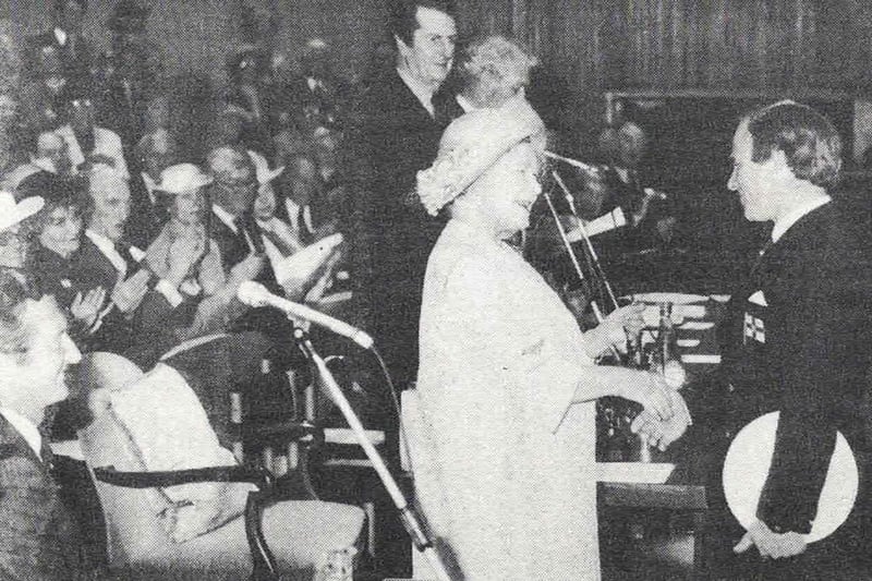 Her Majesty the Queen Mother presents the institution’s bronze medal to Portaferry RNLI chief helm J. D. Rogers at a ceremony in Festival Hall in London on 15 May 1984. The award was presented for the Jane's Rock Rescue in 1982 when two survivors were located and brought to safety after their yacht Frieda was reported overdue while making passage from Killyleagh to Ringhaddy