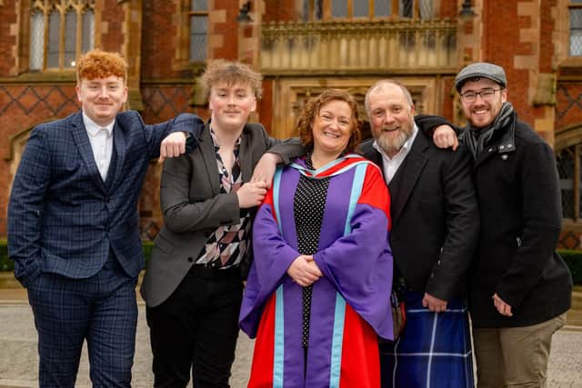 Pictured at the Queen's University graduation ceremony are Callum, Matthew, Monica McCard, Colin and Nathan. Pic credit: QUB